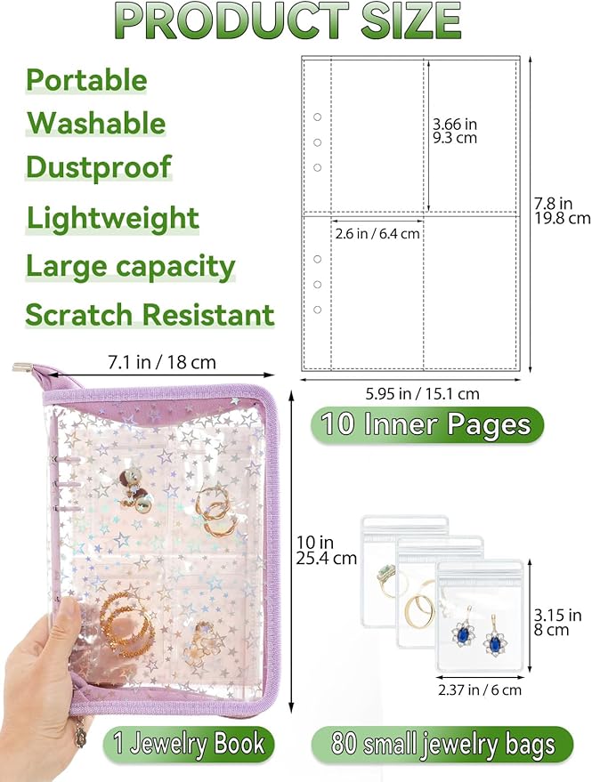 Jewelry Organizer Case Travel Clear Earring Organizer Case Transparent Jewelry Storage Book with Clear Zippered Jewelry Pouch (Purple, With 80 Pcs small Jewelry Pouches)