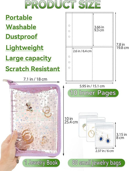 Jewelry Organizer Case Travel Clear Earring Organizer Case Transparent Jewelry Storage Book with Clear Zippered Jewelry Pouch (Purple, With 80 Pcs small Jewelry Pouches)