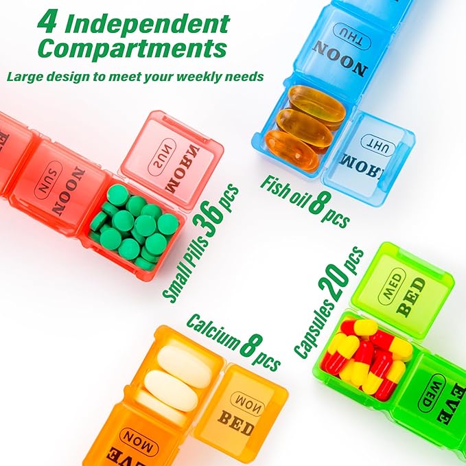 XL Large Weekly Pill Organizer 4 Times a Day, 7-Day Pill Boxes and Organizer AM PM, Big Compartments Pill Case, Monthly Medication Organizer 28 Days Dispenser for Fish Oils