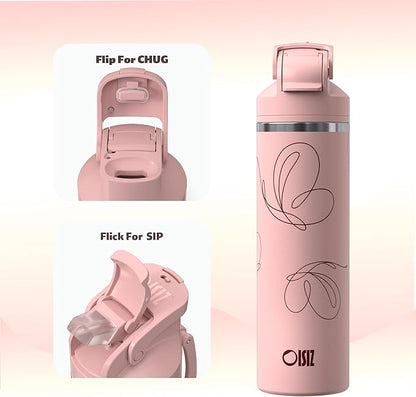 OISIZ Insulated Water Bottle 24 oz with 2 in 1 Spout and Straw Lid,One Click Safety Lock,100% Leakproof,Keep Cold 24H,Vacuum Stainless Steel Water Bottle for School,Travel and Sports,Dishwasher Safe