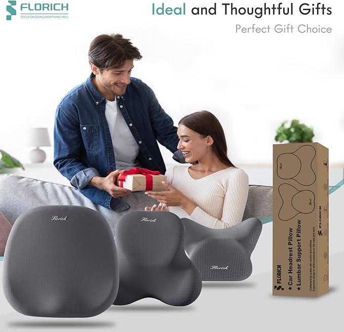 FLORICH Car Seat Cushion and Lumbar Support Pillow for Office Chair Car, Neck Headrest Pillow, Ergonomic Memory Foam, Pressure-Relieving Back Support for Car, Office Chair & Wheelchair – Gray