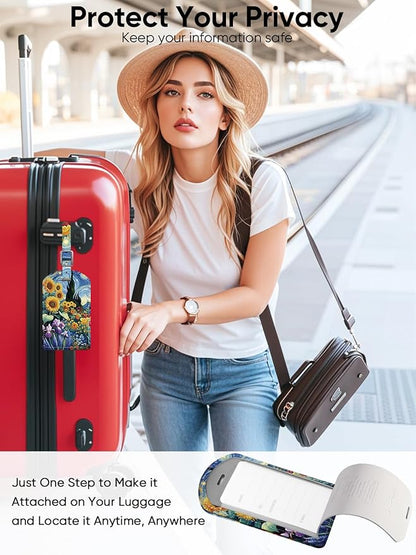 Luggage Tags Built-in Anti-Loss Tracker, Luxury Leather Luggage Tags for Suitcase, Travel Bags, Backpacks, Travel Organizer for Lost Baggage Prevention (Sunflower)