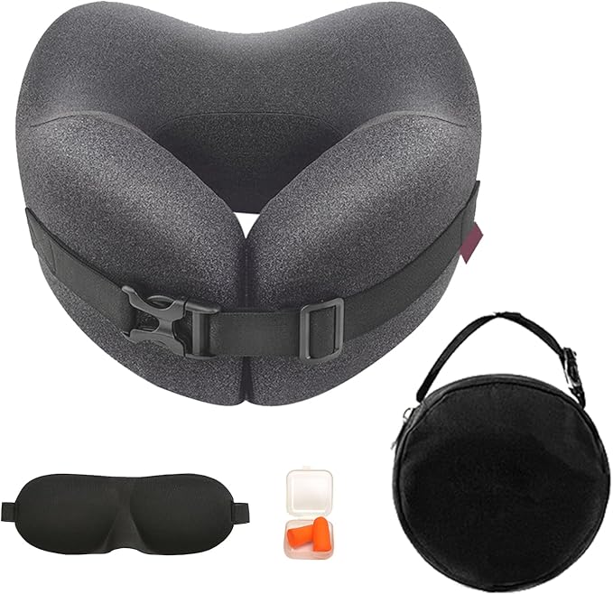 Memory Foam Travel Neck Pillow 360 Support for Airplane, Adjustable Neck Pillow for Travel with 3D Eye Mask, Earplugs & Portable Bag, Office Car Nap Pillow (Grey)