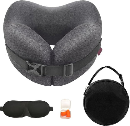 Memory Foam Travel Neck Pillow 360 Support for Airplane, Adjustable Neck Pillow for Travel with 3D Eye Mask, Earplugs & Portable Bag, Office Car Nap Pillow (Grey)