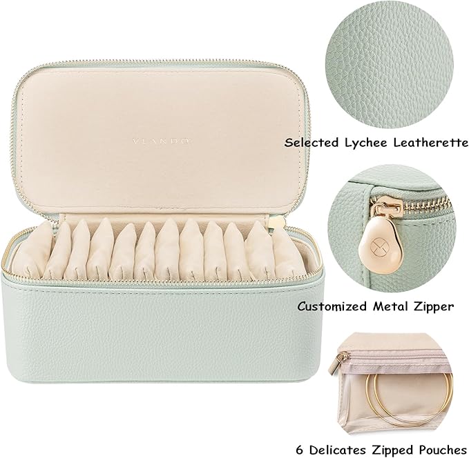 Vlando Travel Jewelry Box Organizer - 12 Small Velvet Zipped Pouches Pockets for Jewelries Necklaces Rings Earrings Sorting Storage, Menthol Mambo