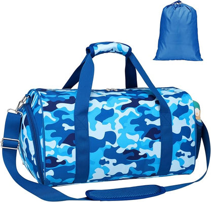 Bagseri Travel Duffle Bag Boys - Waterproof Kids Gym Sports Bag for Overnight Sleepover Bag with Shoe Compartment and Dry Wet Separation Pockets (Blue Camo)