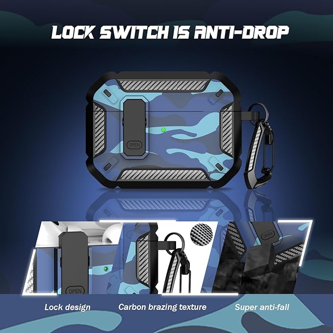 RFUNGUANGO for AirPods Pro 2nd Generation Case Cover with Cleaner Kit, Military Hard Shell Protective Armor with Lock for AirPod Gen 2 Charging Case 2023,2022, Front LED Visible,Grey Camou