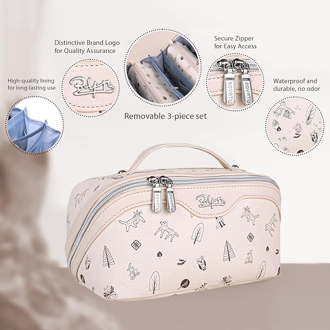 BOYATU Travel Makeup Bag Cosmetic Bags for Women: 3 Pcs Set Portable Make up Bag with Handle - Vegan Leather Toiletry Bags with Compartments - Makeup Organizer for Travel Essentials(L-4-White)