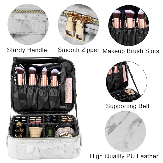 gzcz Travel Makeup Bag,Professional Cosmetic Bags for Women,Portable Makeup Brush Bag Organizer Storage with Adjustable Dividers and Shoulder Strap