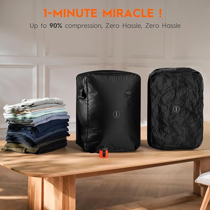 Vacuum Bags with Wireless Pump– Space Saver Compression Bags for Luggage, No Checked Baggage, Triple Your Luggage Space, IP68, Reusable, Fits 20/24/28 Inch Suitcase (2PC No Tracker)