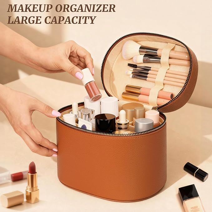 Makeup Case for Women,Travel Make Up Bag Organizer With Compartments and Handle,Portable Cosmetic Bags for Girl,Toiletry Bag for Women - Brown