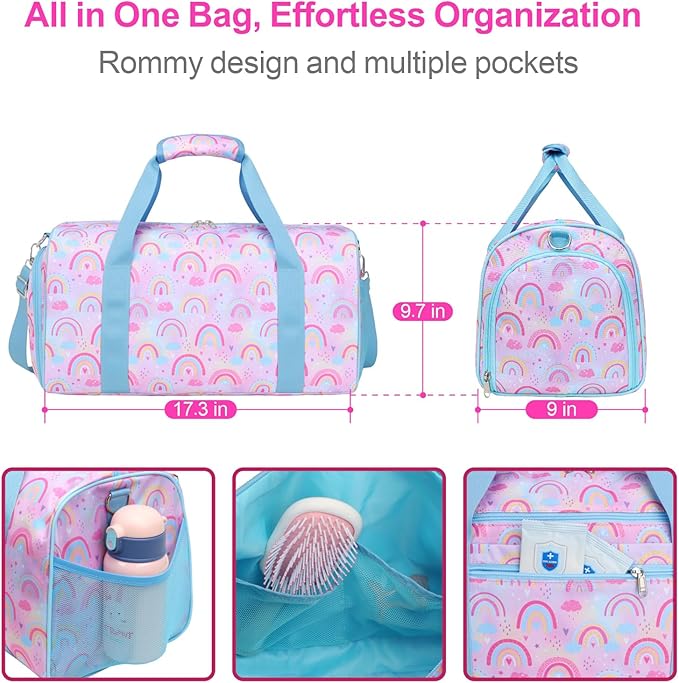 Bagseri Duffel Bags for Kids - Girls Dance Ballet Bag, Waterproof Sports Gymnastics Bag for Travel Overnight with Shoe Compartment and Dry Wet Separation Pockets (Light Purple Blue Rainbow)