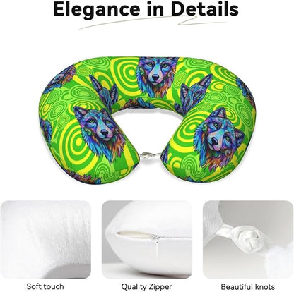Neck Pillows for Travel Tie Dye German Shepherd Dog Green, Women and Men Airplane Car Pillow, Neck Support U Shaped Pillow for Rest Pain Relief Sleeping