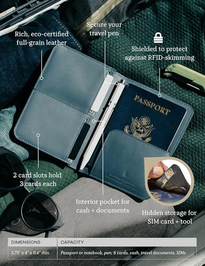 Distil Union Passport Cover+ | RFID-Shielded Premium Full-Grain Leather | Fits Passport, Cards, Cash, and More | Slim Travel Wallet and Organizer (Gray)
