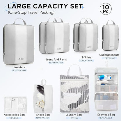 10 Set Compression Packing Cubes for Travel Essentials,Compressible Expandable Packing Cubes for Suitcase,OlarHike Luggage Organizer Bags for Travel,Handy Helper for Organizing Clothes(White)