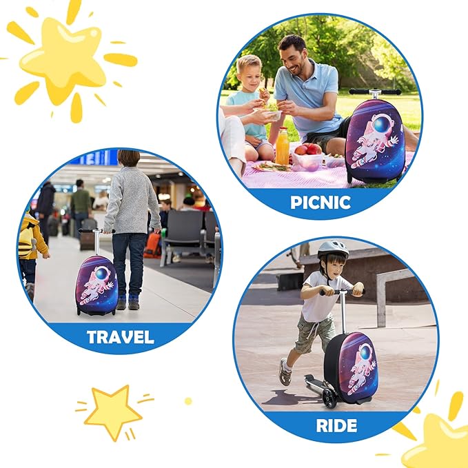 Yacul Kids Suitcase Scooter, 2-in-1 Foldable Luggage with LED Light Wheels, Lightweight Carry-On Travel Suitcase for Boys and Girls(Blue)