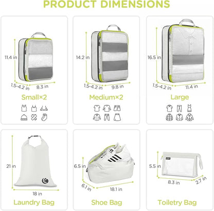 Cipway Compression Packing Cubes Mesh, Lightweight Luggage Organizer Bags with Laundry Bag,Toiletries Bag and Shoe Bag, Travel Essentials for Carry on Suitcase（8Pcs,White）