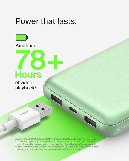Belkin Portable Charger, USB-C Power Bank 20000 mAh w/ 2X USB-A Ports, 15W w/Type-A to Type-C Cable for iPhone 17, Air, Pro, Samsung Galaxy S25, iPad, Nintendo Switch 2, Google Pixel 10, etc. - Green