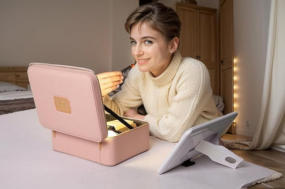 Makeup Bag with LED Mirror, Portable Makeup Artist Organizer Case with Lighted Mirror, Travel Makeup Bag for Women Cosmetic Brush Holder Storage, Pink Makeup Gift for Girls