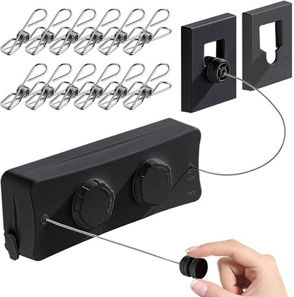 Retractable Clothesline - Heavy Duty 44lb Dual 304 Stainless Lines,16.7ft Anti-Sag Design,Install for Indoor/Outdoor Use (Black, Dual Lines)