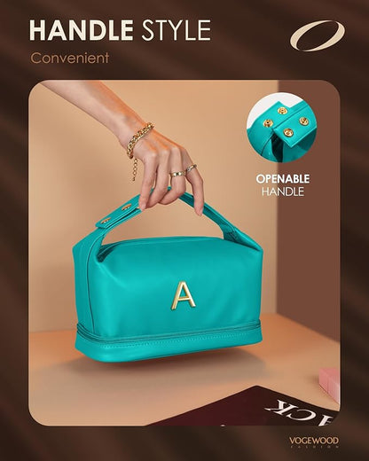 College Women Gift Ideas, Personalized Makeup Bag with Handle, Initial Double Layer Cosmetic Bag with Makeup Brush Organizer, Cute Cosmetic Pouch for Women, Gifts Ideas for Co Workers