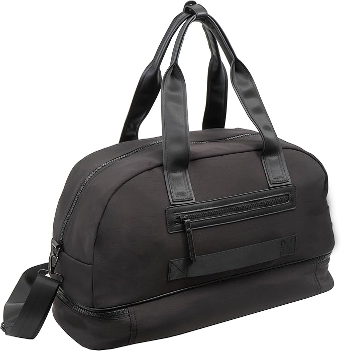 Joan & David 22" Drop Bottom Travel Weekender Overnight Gym Duffel Bag, Includes Front Zip Pocket, Interior Mesh Zip, Detachable Pouch with TSA Approved Bottles (Black)