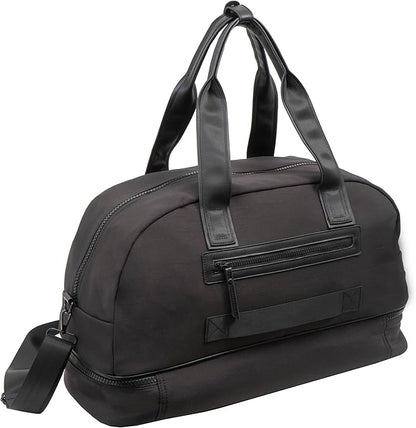 Joan & David 22" Drop Bottom Travel Weekender Overnight Gym Duffel Bag, Includes Front Zip Pocket, Interior Mesh Zip, Detachable Pouch with TSA Approved Bottles (Black)