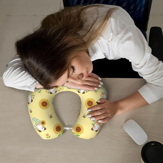 Funny Neck Pillow Support for Car Flight Rest Honey Bees Cute Gnome Sunflower Floral, Memory Foam U Shaped Decor Head Cushion for Home Outdoors Travel