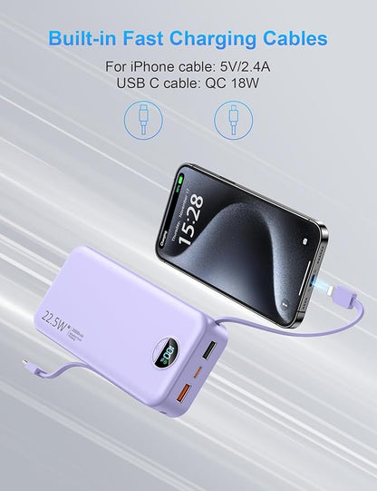 Portable Charger with Wall Plug, 20000mAh USB C Power Bank Fast Charging, External Battery Pack with Built in Cables, Digital Display, 5 Output 2 Input for iPhone Android Cell Phone Tablet