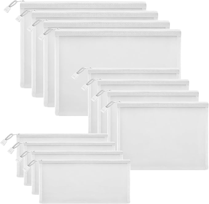 12 Pieces Zipper Nylon Mesh Pouch, Mesh Cosmetic Bags Makeup Bags Pencil Case, Multipurpose Travel Bags for Cosmetic School Office Supplies and Travel Accessories (White, Assorted Sizes)