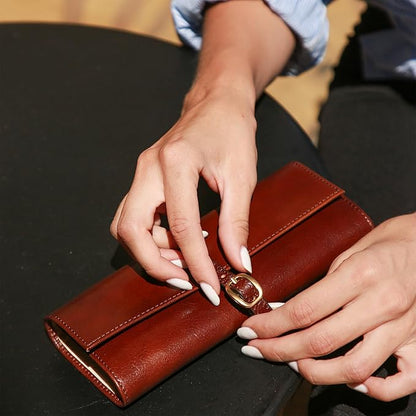 Time Resistance Leather Jewelry Roll - Full Grain Leather Travel Jewelry Case - Jewellery Organizer Made in Italy (Cognac Brown)