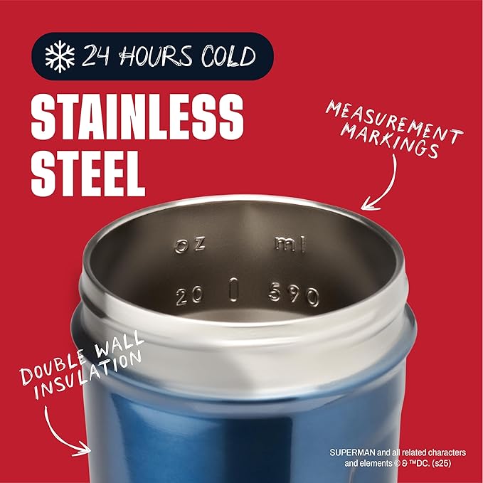 BlenderBottle Superman Strada Shaker Cup Insulated Stainless Steel Water Bottle with Wire Whisk, 24-Ounce, Man of Steel - Blue