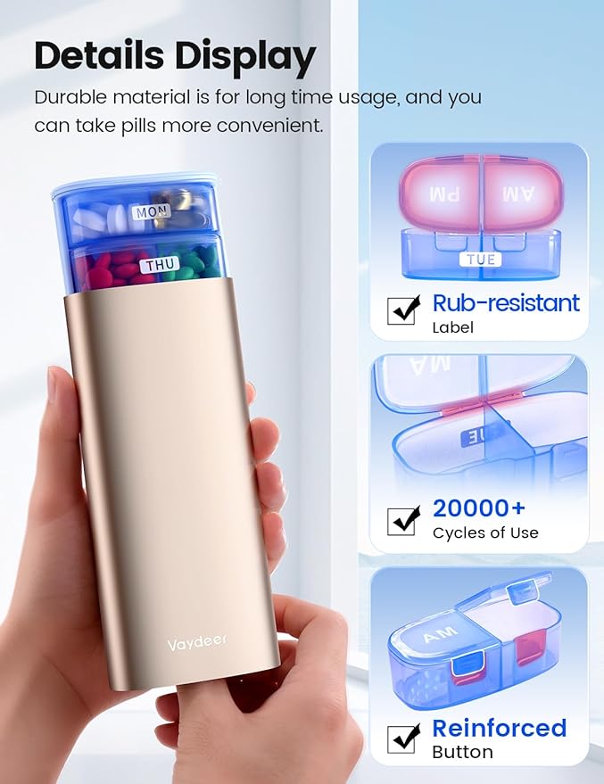 Vaydeer Large Weekly Pill Organizer 2 Times a Day,Metal 8 Day Travel Pill Box with Double Protection,AM PM Pill Case for for Medication, Vitamins, Fish Oils, Supplements(Rose Gold)