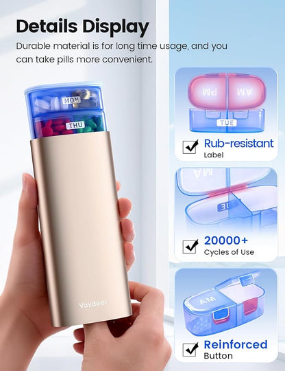 Vaydeer Large Weekly Pill Organizer 2 Times a Day,Metal 7 Day Travel Pill Box with Double Protection,AM PM Pill Case for for Medication, Vitamins, Fish Oils, Supplements(Silver)