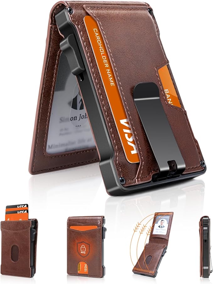 MNGARISTA Wallet for Men,Slim Minimalist Bifold Wallet with RFID Blocking,Pop-Up Credit Card Holder with ID Window & Money Clip,Magnetic Flip Metal Wallet for 11-13 Cards,Gifts for Men-Brown