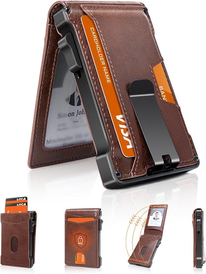 MNGARISTA Wallet for Men,Slim Minimalist Bifold Wallet with RFID Blocking,Pop-Up Credit Card Holder with ID Window & Money Clip,Magnetic Flip Metal Wallet for 11-13 Cards,Gifts for Men-Brown