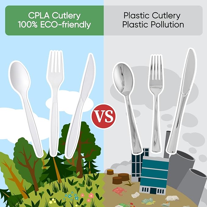 ECOLipak 350 Pcs Compostable Cutlery Set, 7 Inch Large Size Biodegradable Disposable Silverware Set 150 Forks 100 Spoons 100 Knives, Heavy Duty Bio based CPLA Utensils for Party, BBQ, Picnic