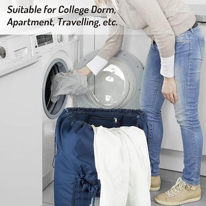 Laundry Bag Backpack with Detergent Holder and Adjustable Shoulder Straps, Clothes Laundry Backpack for College, Travel, Apartment, Laundromat, Dorm Room (Blue)