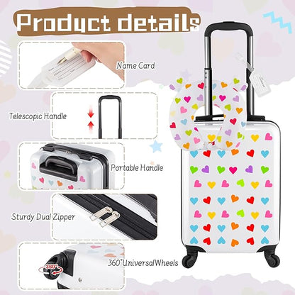 Sanwuta 4 Pcs Kids Luggage Set Backpack Travel Rolling Suitcase U-shape Pillow Christmas Children Gift for Girls Boys(17 Inch,Heart Style,White)