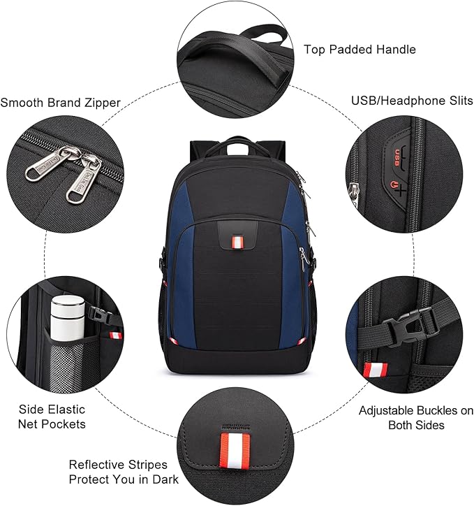 Della Gao Travel Laptop Backpack, 18.4 inch Extra Large Backpack for Men and Women, 45L Capacity Business Computer Back Pack (Black Blue, 18.4 Inch)
