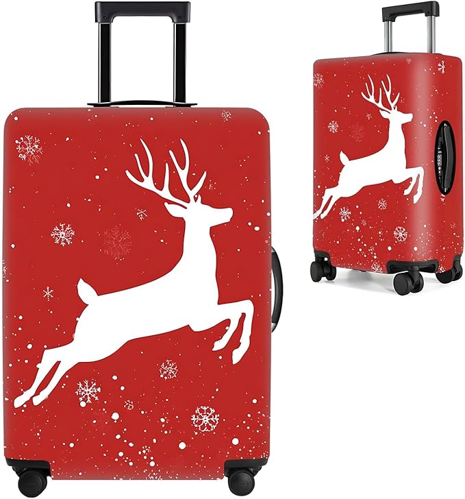 Red Christmas Deer Luggage Cover – Reindeer Suitcase Protector, Stretchable Waterproof Holiday Travel Luggage Sleeve, L