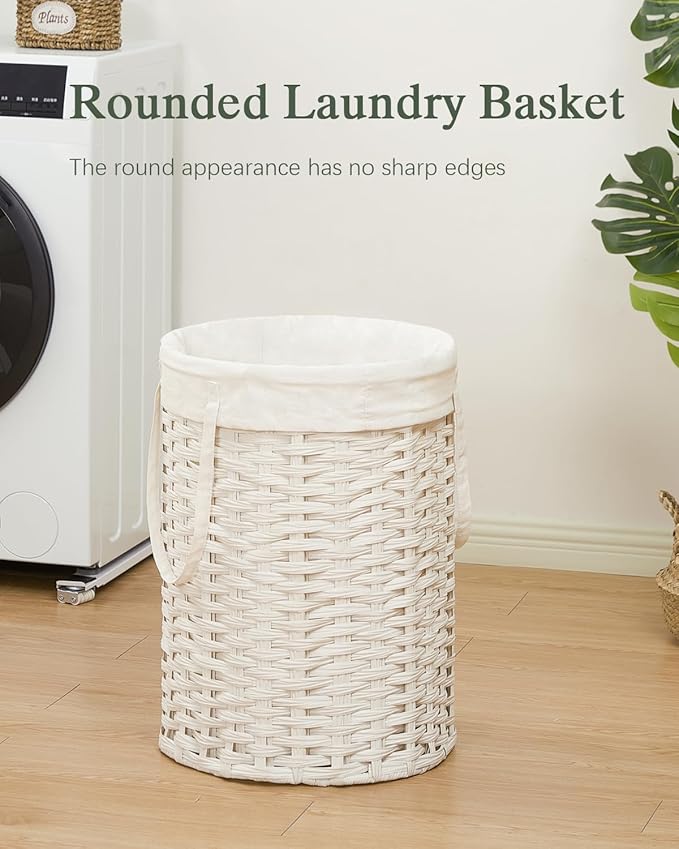 Laundry Hamper Laundry Basket Round 19.0 Gal (72 L) Handwoven Rattan Laundry Basket, Large Wicker Laundry Hamper with Removable Laundry Bag Handles 2 Mesh Bags for Bedroom Living Room White
