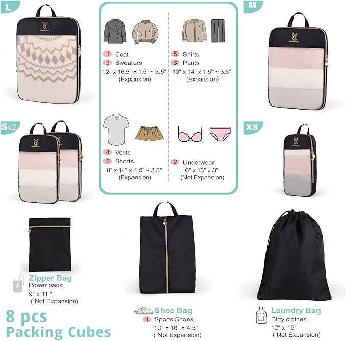 See Through Expandable Compression Packing Cubes, Mesh Travel Packing Cubes for Suitcases, Lightweight Organizers Bag Set for Travel Essentials for Luggage