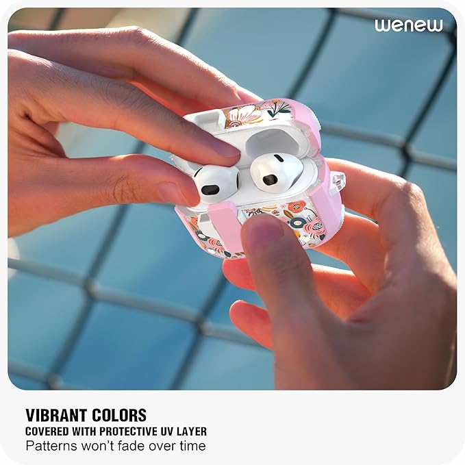 WENEW Case for AirPods 3 Case Cover Secure Lock Automatic Snap Switch Clip Cleaner Kit Lanyard Women Stylish Flower Armour Hard Shell Full Body Front LED Visible (Pink Flower, AirPods 3rd)