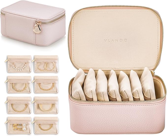 Vlando Travel Jewelry Box Organizer - 8 Small Velvet Zipped Pouches Pockets for Jewelries Necklaces Rings Earrings Sorting Storage, Rosy Mauve