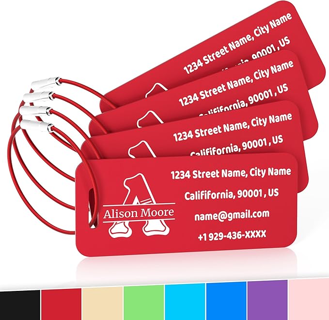 4 PCS Personalized Luggage Tags for Suitcases, Custom Aluminum Luggage Tags for Bags and Backpacks, Waterproof & Heavy Duty Personalized Metal Name Tags for Travel (Red)