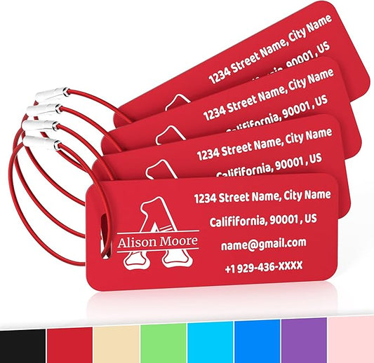 4 PCS Personalized Luggage Tags for Suitcases, Custom Aluminum Luggage Tags for Bags and Backpacks, Waterproof & Heavy Duty Personalized Metal Name Tags for Travel (Red)
