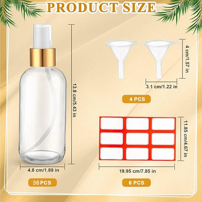 Fumete 36 Pcs Glass Spray Bottles 4oz Fine Mist Glass Spray Bottle Refillable Liquid Containers with 6 Labels 6 Funnel for Hair Travel Plants Cleaning Solutions Skin Care(Clear,Simple)