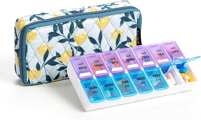 Weekly Pill Organizer 2 Times a Day,7 Day am pm Pill Organizer, Large Daily Pill Cases Pill Box Vitamin Organizer Box,Yellow Floral