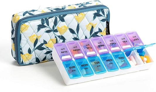 Weekly Pill Organizer 2 Times a Day,7 Day am pm Pill Organizer, Large Daily Pill Cases Pill Box Vitamin Organizer Box,Yellow Floral